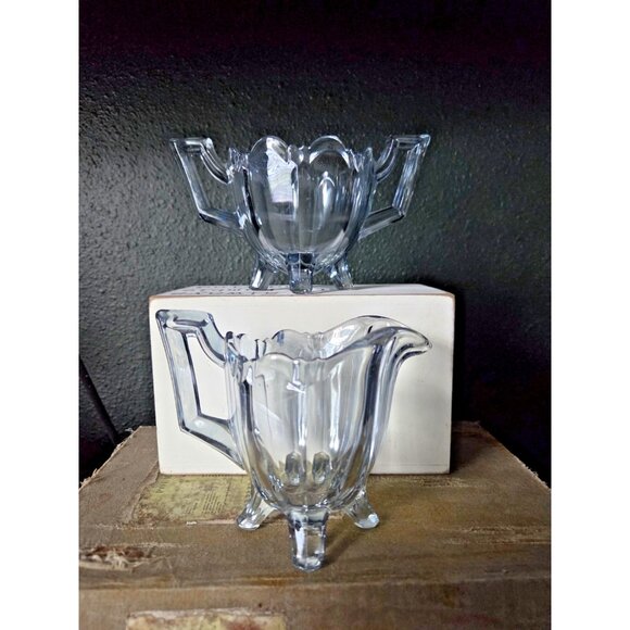 Indiana Glass Paneled Colonial Creamer & Sugar Set Gray Blue Footed Depression - Picture 1 of 12